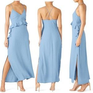 NWT Elliatt Rapture Ruffle Waist Side Slit Flowy Maxi Sun Dress Steel Blue Sz S